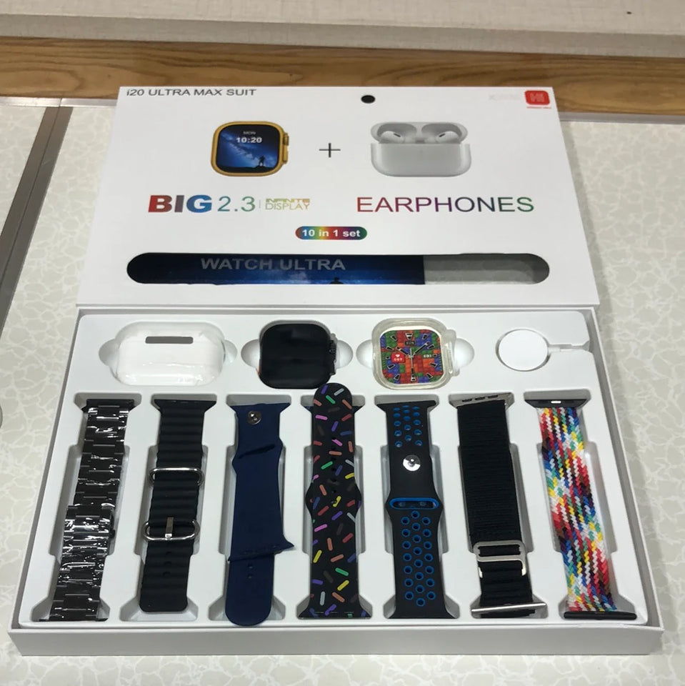 10-in-1 Ultra Max Suit Smartwatch & Earbuds Combo | 10-in-1 Set with 7 Interchangeable Straps | Fitness Tracker + Bluetooth Calling