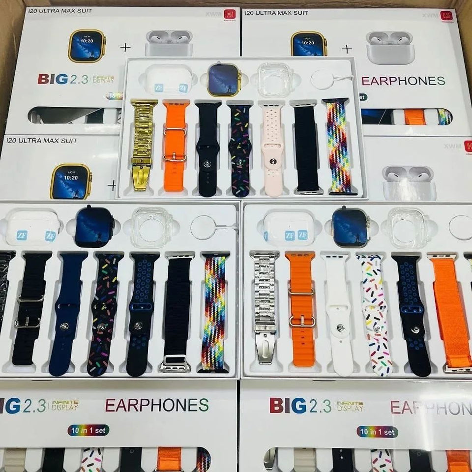 10-in-1 Ultra Max Suit Smartwatch & Earbuds Combo | 10-in-1 Set with 7 Interchangeable Straps | Fitness Tracker + Bluetooth Calling